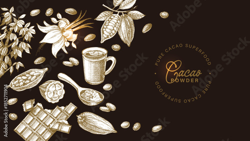 Hand drawn sketch cocoa chocolate product background. Vintage vector illustration of natural healthy food. Packaging design of cacao powder