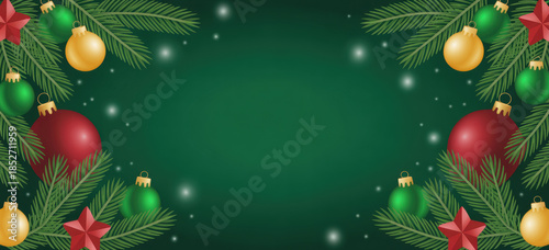 Christmas Holiday Green Background with Pine Branches and Ornaments