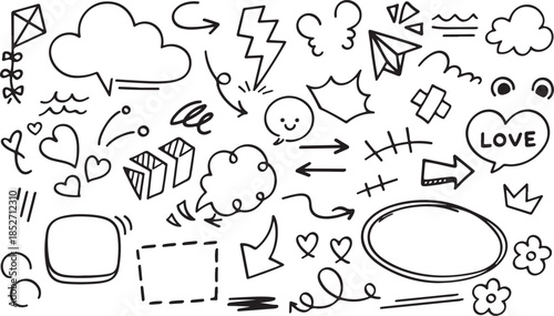 Set of cute pen line doodle element vector. Hand drawn doodle style collection of speech bubble, arrow, rocket, thunderbolt, crown, heart line art vector art and illustration black and white 
