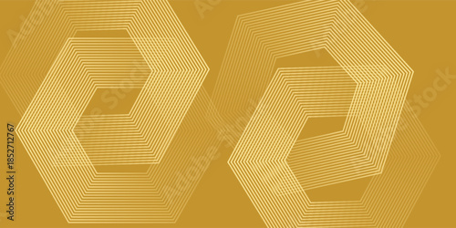 Abstract gold background with glowing geometric lines. Modern shiny blue hexagon lines pattern. Technology futuristic concept. Suit for poster, banner, brochure, cover, flyer. Vector illustratio