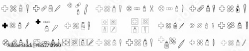 Seamless pattern of line art first aid icons including medical crosses, adhesive bandages, antiseptic bottles, and tweezers on a white background.