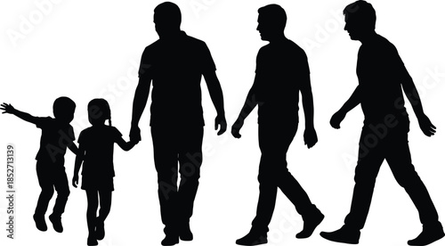 Family silhouettes walking together illustration with father children men figures black vector people icons isolated on white background studio design