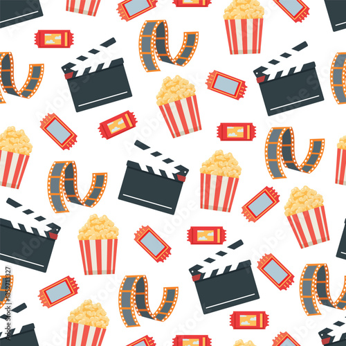 Movie seamless pattern. Flat vector clipart, illustration with isolated background.