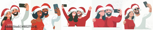 vector couple taking selfie together at Christmas