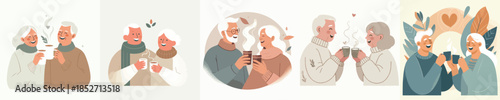 vector old couple drinking warm coffee together at Christmas