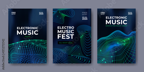 Electro music poster with abstract sound wave design and vibrant gradient background. Dynamic festival flyer template with geometric lines and neon mesh, net for concert, party or DJ event promotion.