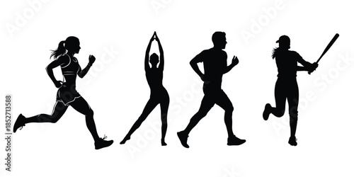 Silhouettes of people engaging in various sports and fitness activities