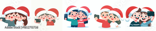 vector children taking selfie together at Christmas