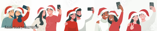 vector couple taking selfie together at Christmas