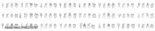 Black line art seamless pattern of gardening tools including trowel, sprayer, potted plant, and gloves, illustrating horticulture and home garden concepts.