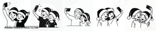 vector line art of children taking selfie together at Christmas