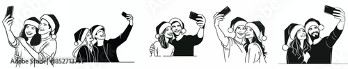 vector line art of couple taking selfie together at Christmas