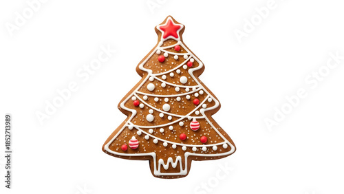 Gingerbread Christmas tree cookie with red star and sugar dusting isolated on white