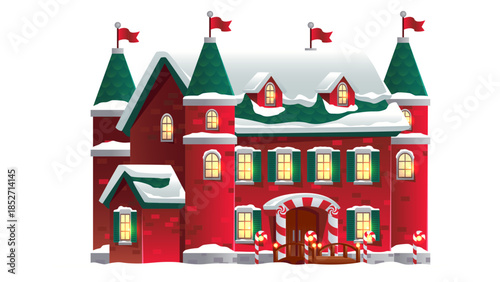 Christmas castle building with snowy winter decor. Festive red palace with candy canes, glowing windows and green rooftops. Vector holiday house - magical fairytale fortress or Santa workshop.