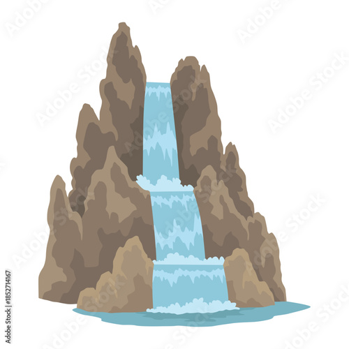 Cartoon river cascade waterfall. Landscape with mountains and trees. Design element for travel brochure or illustration mobile game. Fresh natural water