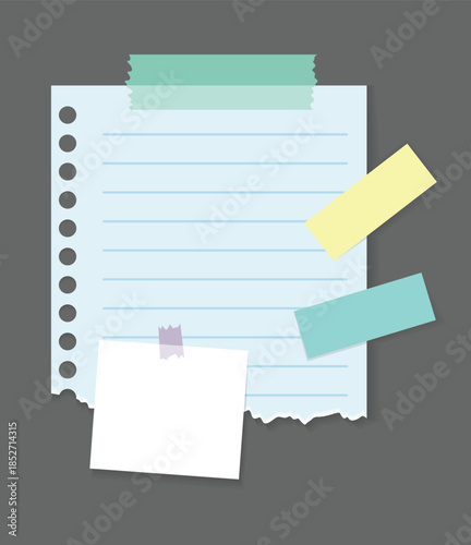 Paper notes stickers. Place for memo messages on paper sheets. Attached with sticky colorful tape on grey background isolated vector illustration