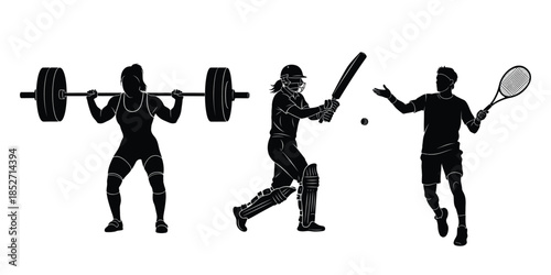 Sports silhouettes weightlifting cricket and tennis