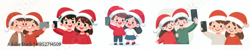 vector children taking selfie together at Christmas