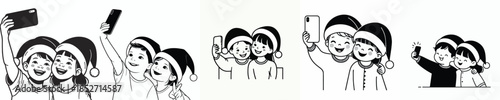vector line art of children taking selfie together at Christmas