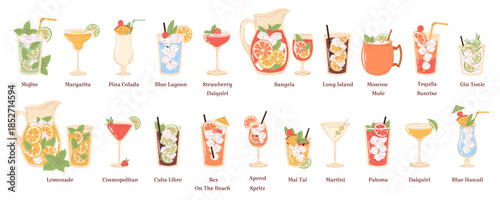 Collection of classic and popular cocktails. Mojito, Martini, Margarita, Daiquiri, Sangria, etc in various glasses. Hand drawn flat vector set for bar menu, party, summer drinks