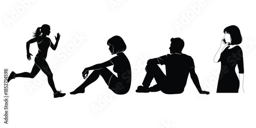 Four silhouette people engaged in different activities