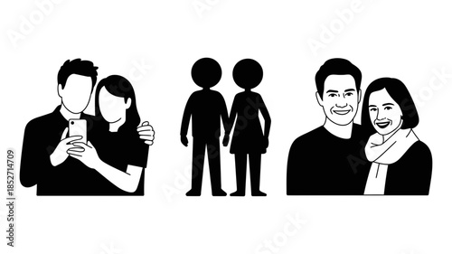 Diverse illustrations depicting a couple's relationship moments