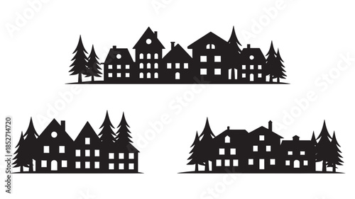 A collection of black silhouettes depicting small town or village skylines with houses and trees