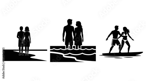 Three silhouettes of a couple depicting different summer activities at the beach and in the water