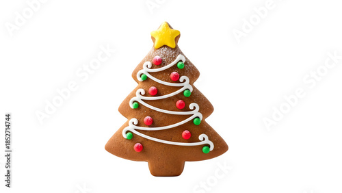 Sweet gingerbread Christmas tree biscuit with white icing and red beads isolated on white