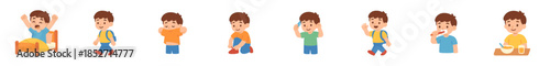 Little boy cartoon character performs various morning daily routine activities, including waking up, getting dressed, brushing teeth, and eating breakfast before school.