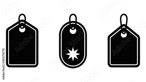 A collection of three black tag icons for price and identification purposes.
