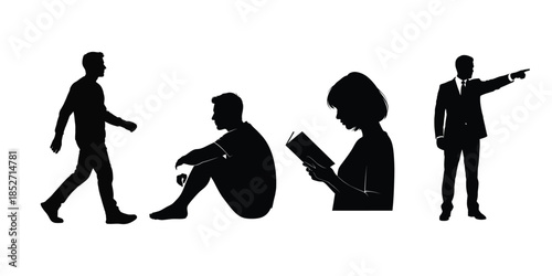 Four black silhouettes of people in various poses