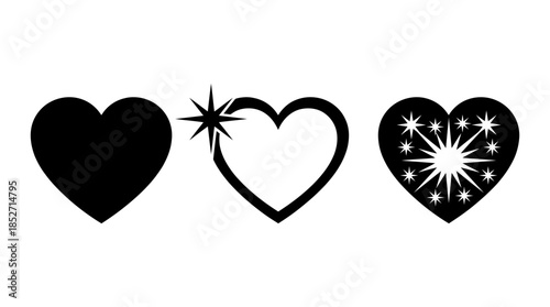 Three variations of black heart icons, symbolizing different aspects of love and emotion.