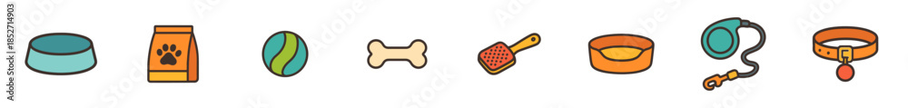 Obraz premium Pet care accessories and essential supplies are neatly arranged, showcasing a variety of items for beloved companions, including food, toys, grooming tools, and walking gear.