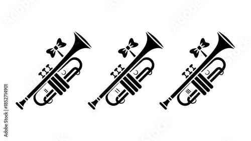 Three black silhouettes of trumpets adorned with bow ties in a stylish graphic design