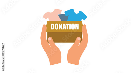Hands holding donation box with clothes for charity and volunteer work