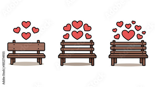 Three stylized wooden benches with floating red hearts representing love and romance