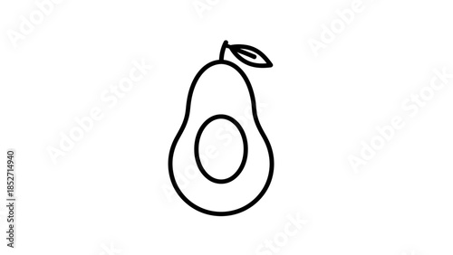 Simple line drawing of a halved avocado with leaf on white background