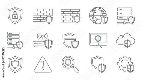 Collection of outline icons representing various concepts related to network security data protection and digital defense systems