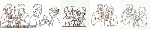 vector line art of old couple drinking warm coffee together at Christmas