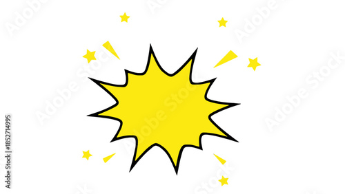 Vibrant yellow cartoon explosion with stars and exclamation marks on white background