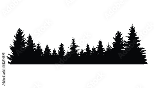 Fir trees silhouette. Coniferous spruce horizontal background pattern, black evergreen woods vector illustration. Beautiful hand drawn panorama of coniferous forest