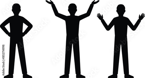 Human figure silhouettes expressing gestures and emotions illustration, standing men body language poses black vector icons isolated white background design