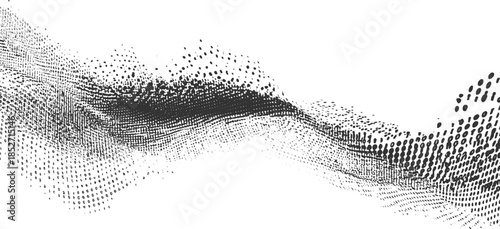 Black and white halftone dots forming abstract wave pattern on white background