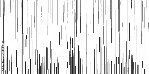 Abstract pattern of vertical black lines of varying lengths and thicknesses on a white background