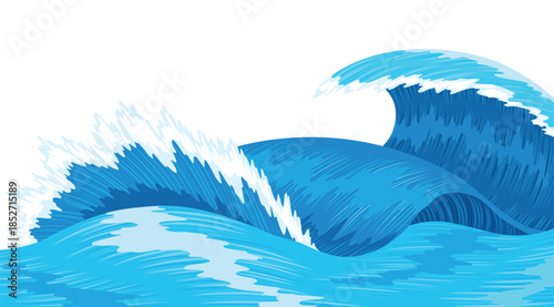 Ocean waves, splash water, marine sea storm element. Blue sea or ocean wave with spray, foam on crest. Vector illustration