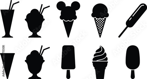 Ice cream and dessert silhouettes collection illustration with cones popsicles milkshakes frozen treats black vector icons isolated white background