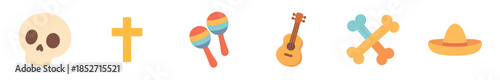 Day of the Dead celebration icons and traditional objects are displayed in a vibrant flat design style, representing Mexican culture and festivities.