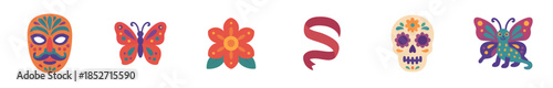 Colorful Mexican cultural elements and traditional festive decorations, including masks, skulls, and butterflies, for a vibrant celebration.
