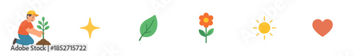 Environmental icons set with a person planting a tree, a sparkling star, green leaf, blooming flower, bright sun, and a loving heart.